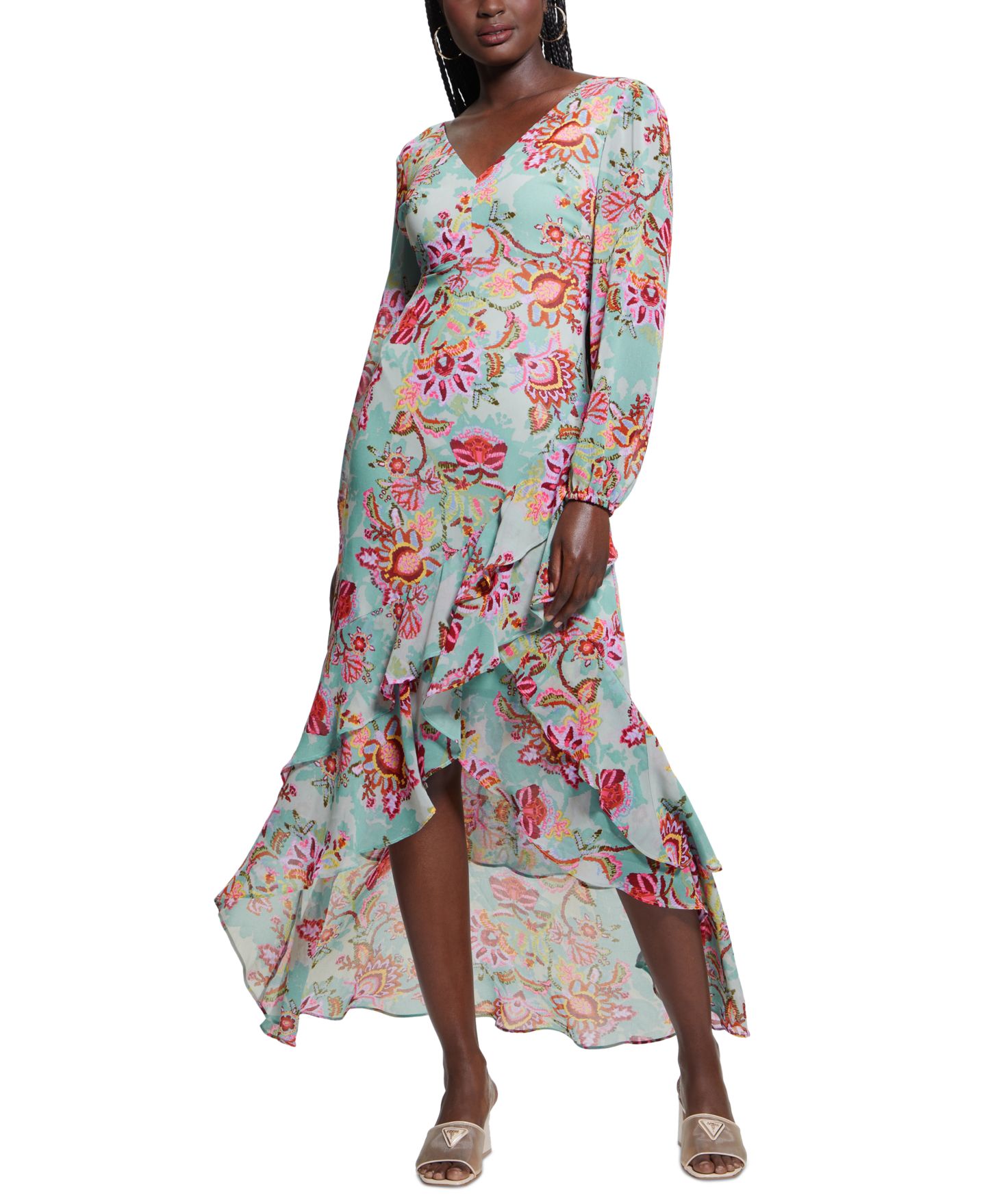 Женское платье GUESS Shelia V-Neck Long-Sleeve High-Low, цвет: Serene Mosaic — фото 1