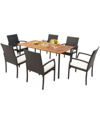 Patio Acacia Wood Dining Table with Umbrella Hole and Metal Legs