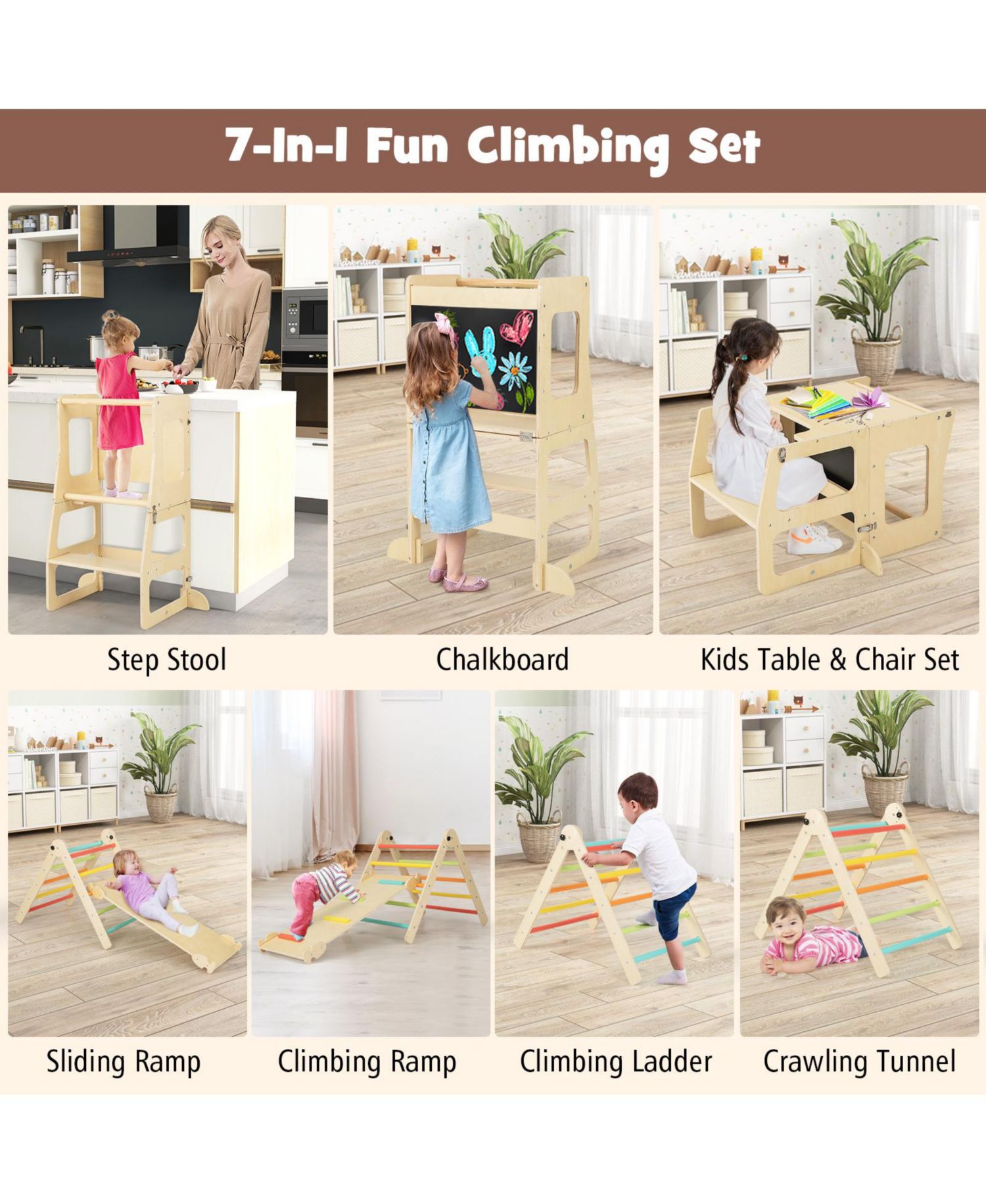 7-in-1 Foldable Wooden Climbing Activity Set, Ages 3+