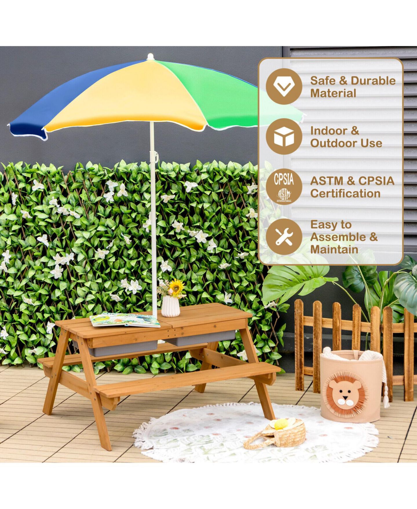 Детская игрушка GOUUN 3-in-1 Kids Outdoor Picnic Water Sand Table with Umbrella Play Boxes, цвет: Жёлтый — фото 2