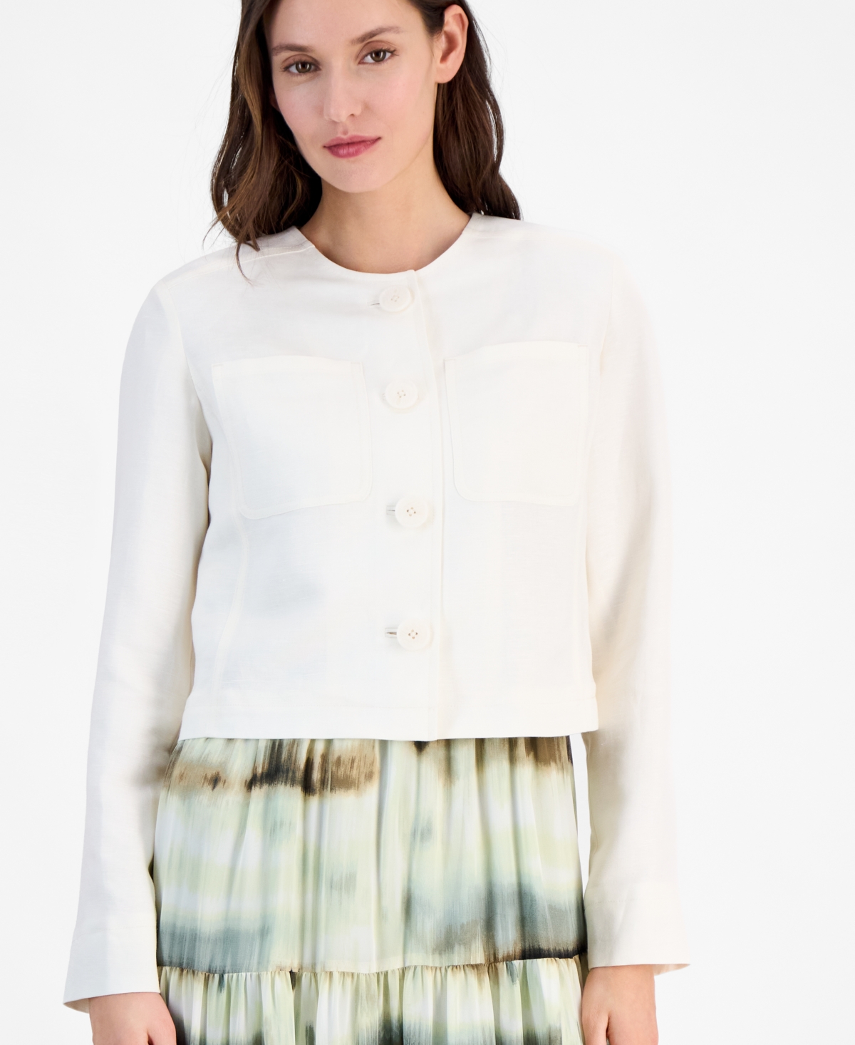 ANNE KLEIN WOMEN'S LINEN BLEND COLLARLESS BUTTON-FRONT JACKET 