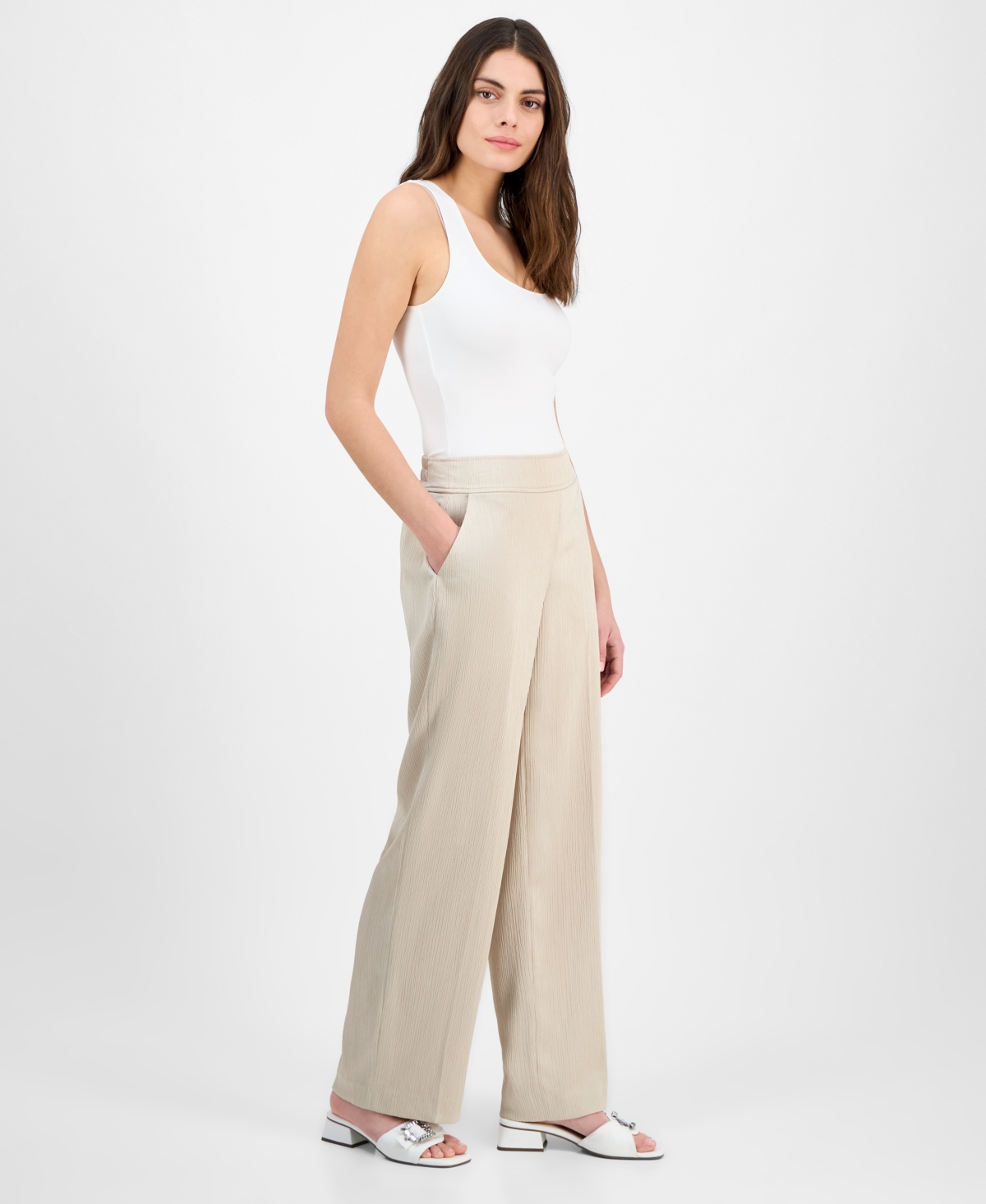 Anne Klein Women's Crinkled Satin Pull-on Wide-leg High Rise Pants In Canvas
