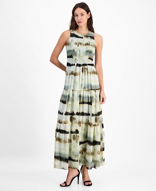 alfani Anne Klein Women's Printed Smocked-Bodice Tiered Maxi Dress Women's Fashion Shoes & Accessories
