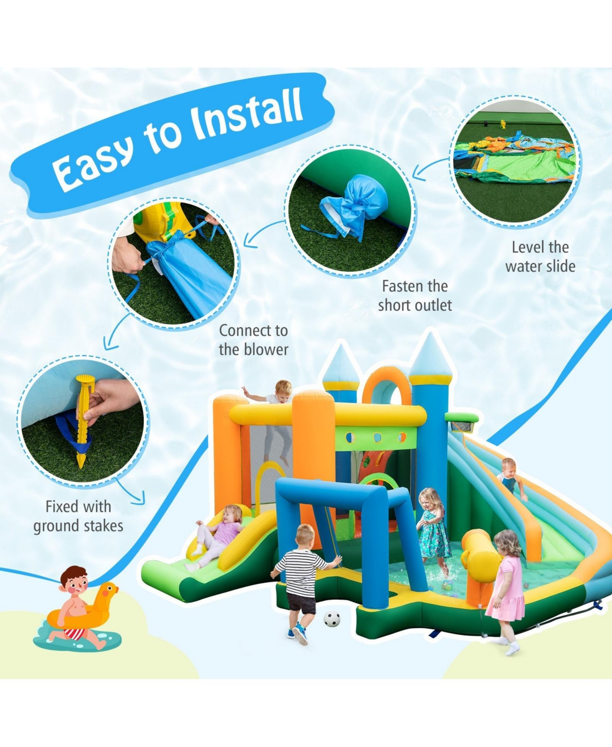 Gouun Inflatable Water Slide with Dual Slides and Splash Pool Bounce House with 735W Blower