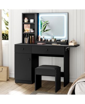 Black Vanity Desk with LED Lighted Mirror & Power Outlet, Makeup Vanity with Drawers & Cabinet & Chair