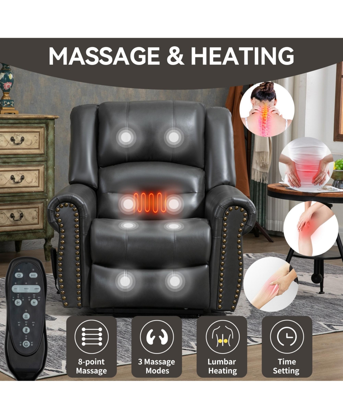 Boyel Living Power Lift Recliner Chair Heat Massage Dual Motor Infinite Position Up to 350 Lbs Faux Leather Heavy Duty Motion Mechanism with Usb Ports