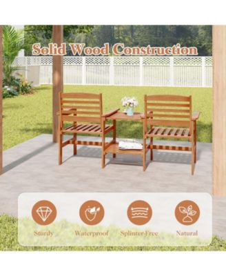 Outdoor Patio Wood 2-Seat Conversation Set with Table and Umbrella Hole