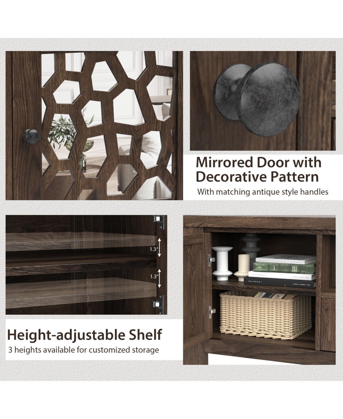 Gouun Retro Tv Stand Media Entertainment Center with Mirror Doors and Drawer