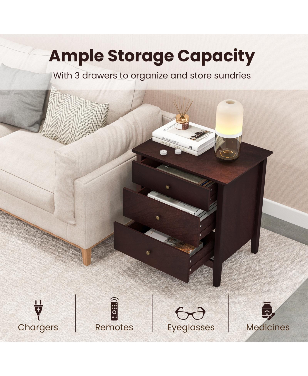 Gouun 3 Drawers Nightstand Beside End Side Table Accent Table