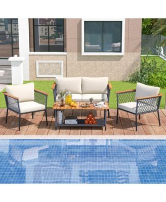 4 Piece Patio Rattan Furniture Set with 2-Tier Table