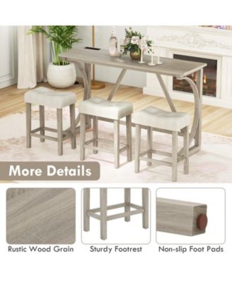 4-Piece Bar Table Set with Power Outlet and Upholstered Saddle Seat Stools