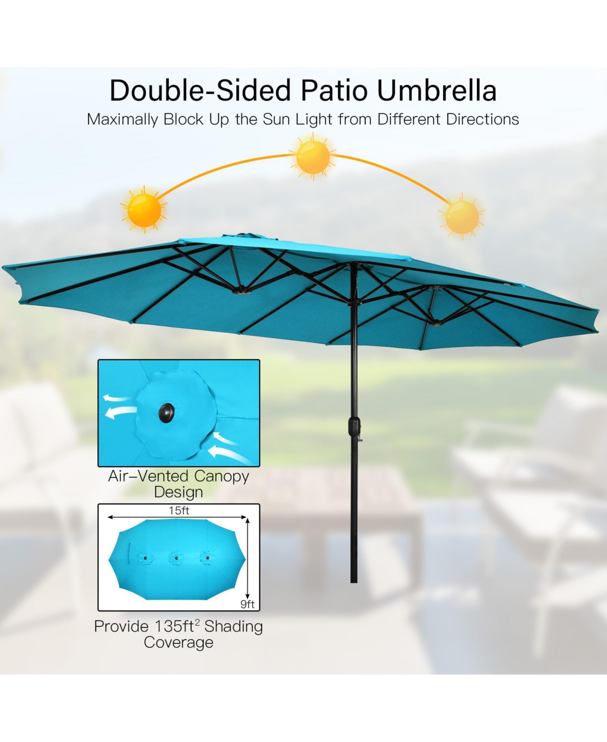iwicker 15 ft double-sided patio umbrella Yaheetech Twin Parasol Triple-size Outdoor Navy Blue sided patio umbrella is versatile and suitable for various settings Walsunny 15 ft Extra Large