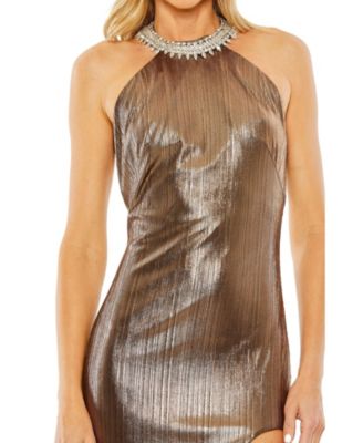 Women's High Neck Crystal Detail Metallic Slit Gown