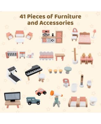 Wooden Corner Dollhouse Playset w/ 41 Pieces of Furniture and Accessories