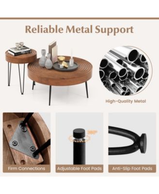 Set of 2 Solid Wood Ring Pattern Farmhouse Round Tables