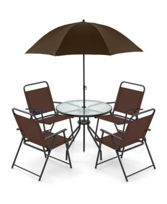 6 Pieces Patio Dining Set Folding Chairs Glass Table Tilt Umbrella for Garden