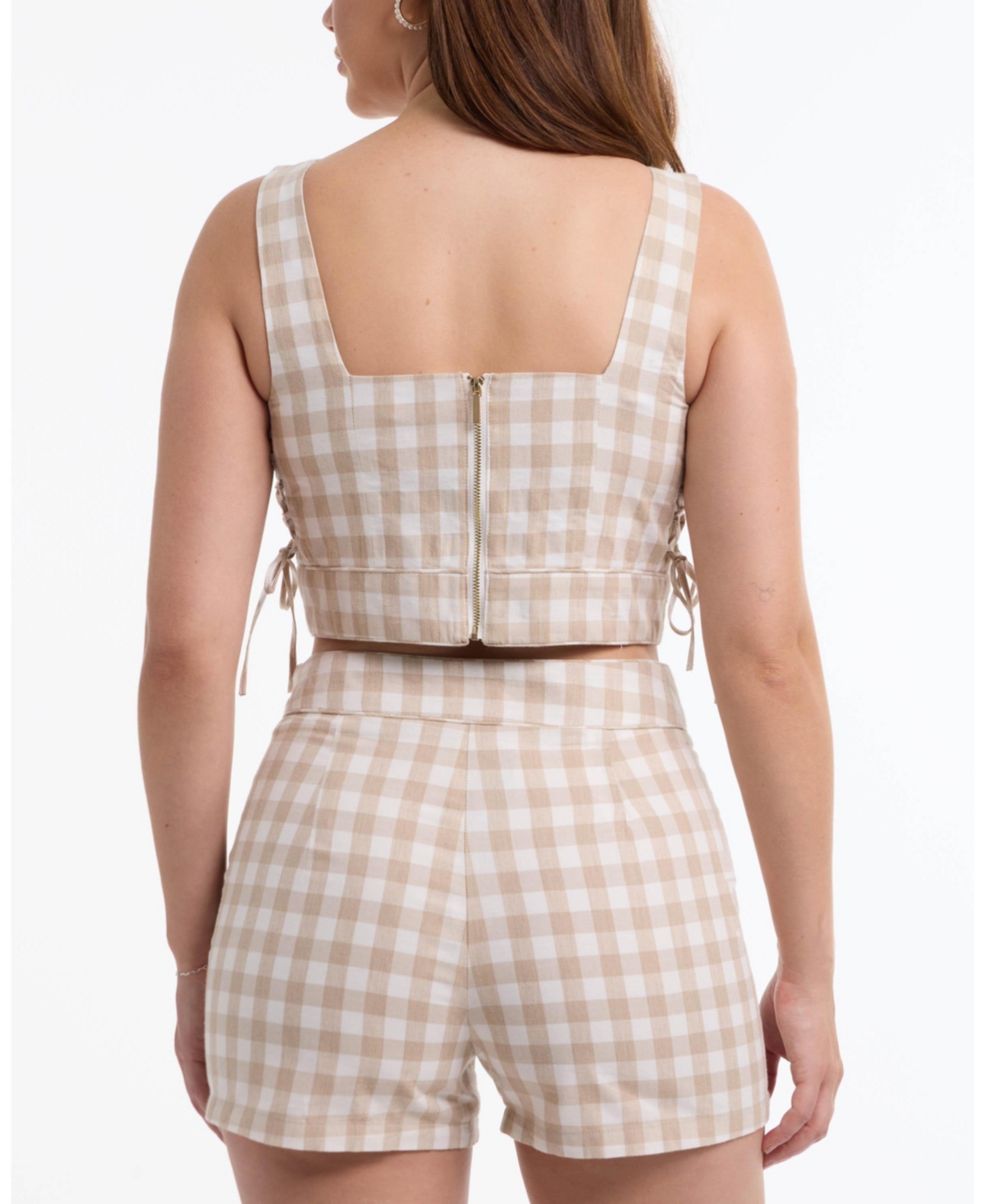 Bebe Women's Gingham Cropped Lace Up Detail Top - frappe