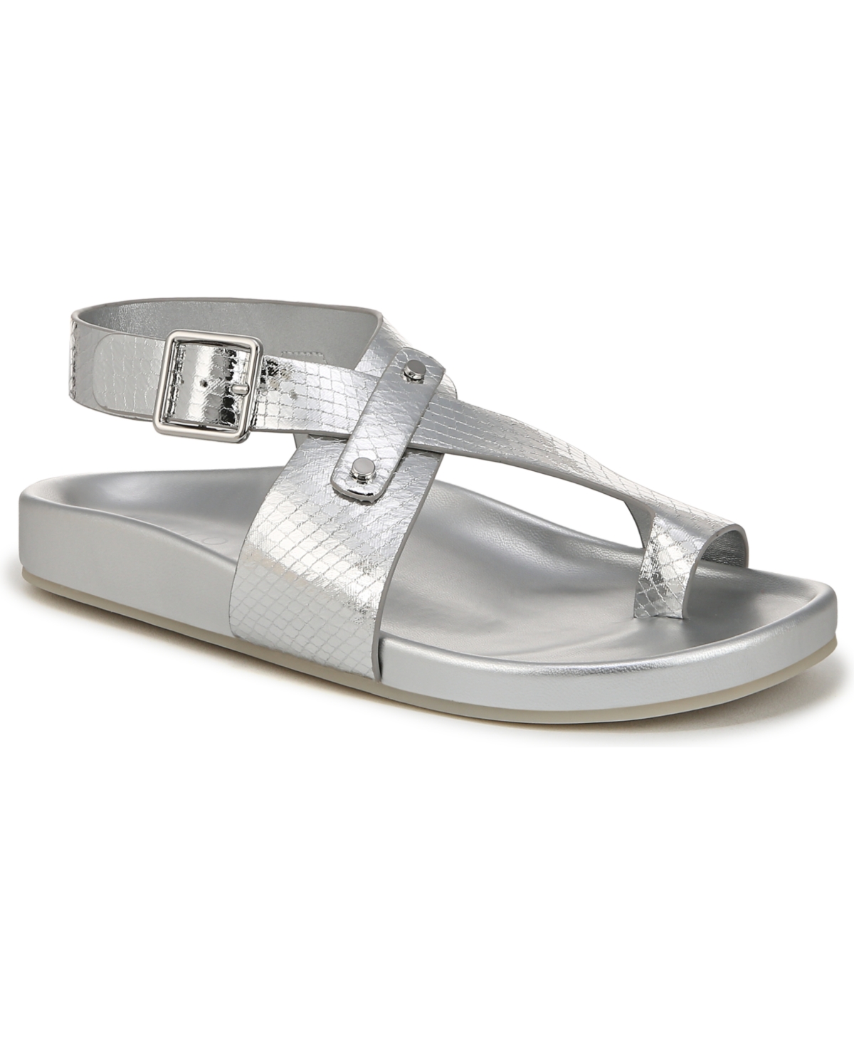 Franco Sarto Women's Blair Toe Loop Round Toe Flat Sandals In Silver Snake Print Faux Leather