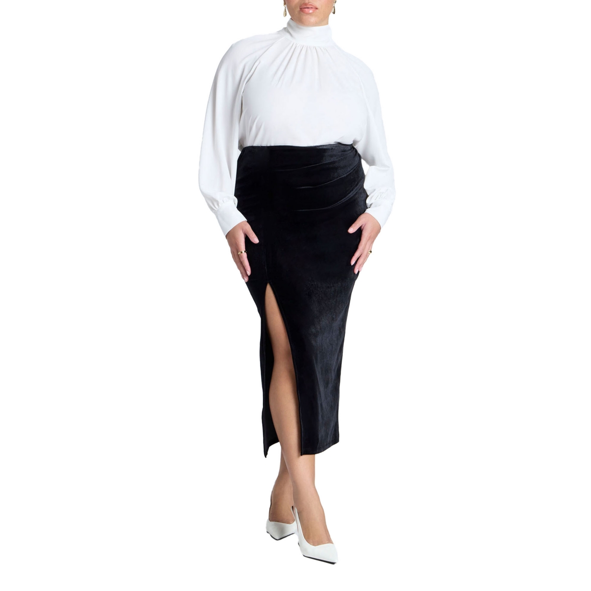 Plus Size Velvet Maxi Skirt With Slit - Black onyx
