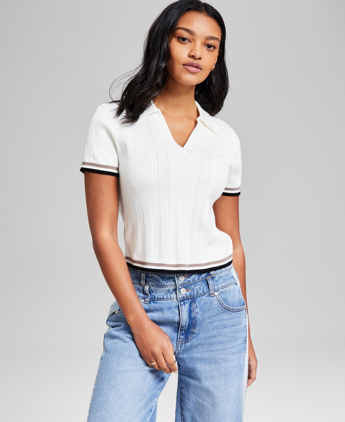 Women's Polo-Collar Short-Sleeve Sweater, Exclusively at Macy's - White