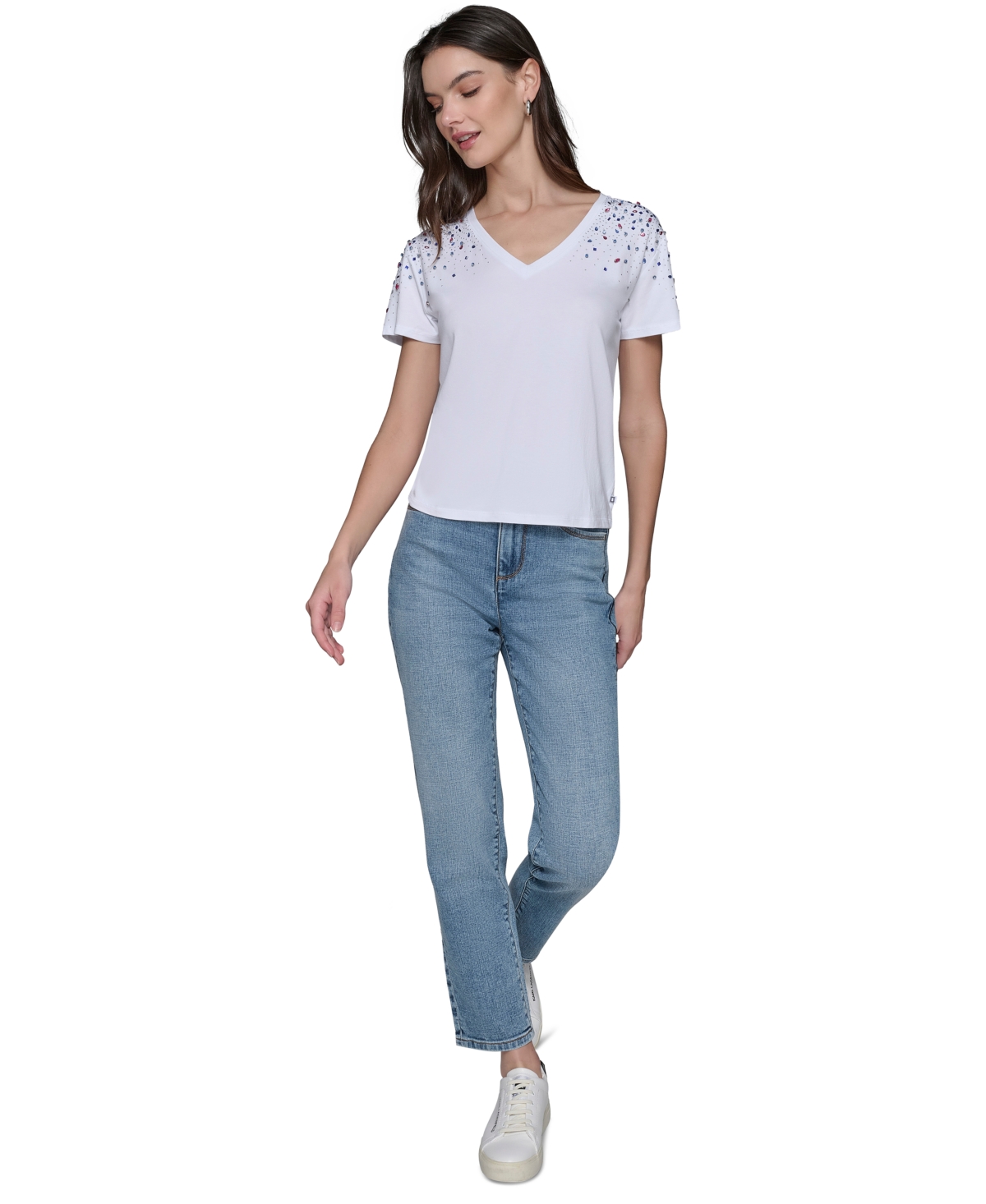 Karl Lagerfeld Women's Embellished V-neck T-shirt In White