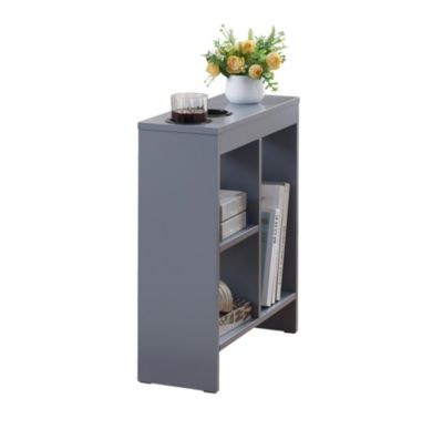 - Side End Table with Drink Holders, Storage Shelves, Magazine Holder, Narrow Slim Chair Couch Table