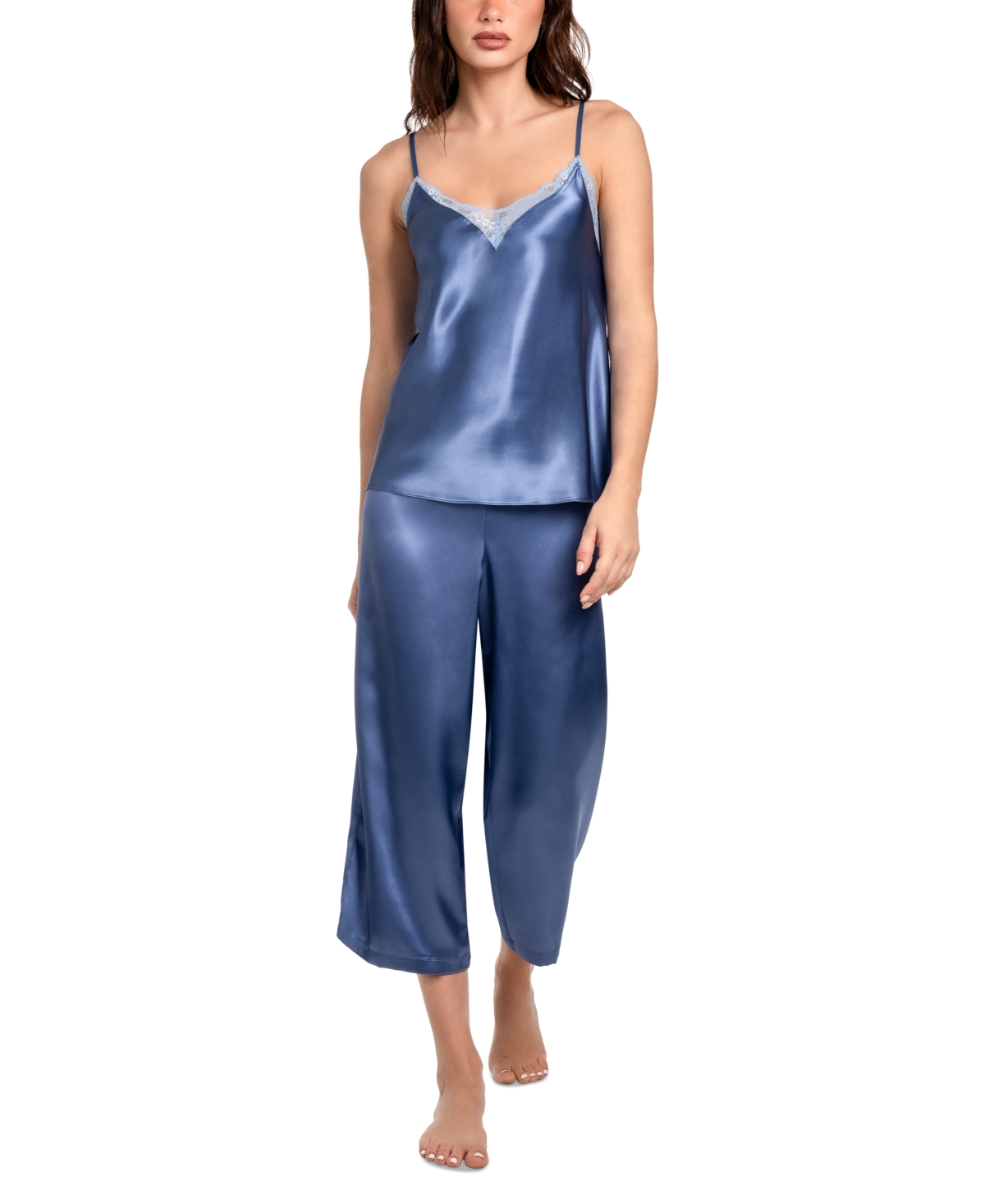 Women's Flying Garden Cropped Satin Pajama Set - Denim Blue