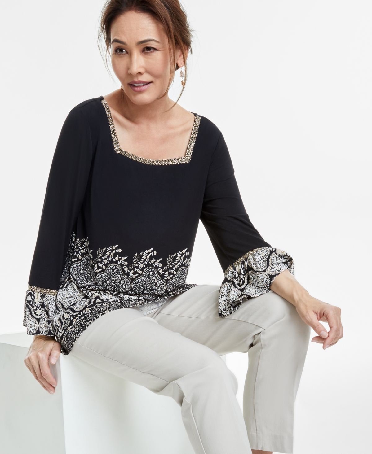 JM COLLECTION WOMEN'S EMBROIDERED RUFFLED-CUFF TOP, EXCLUSIVELY AT MACY'S 