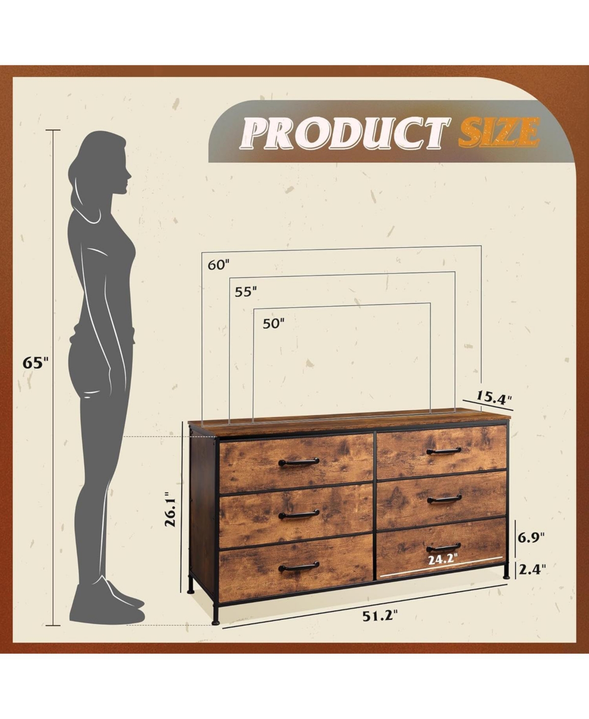 Wlive Wide Fabric Dresser 6 Drawer Dresser Tv Stand for 60/