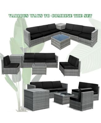 8 Piece Wicker Sofa Rattan Dinning Set Patio Furniture with Storage Table
