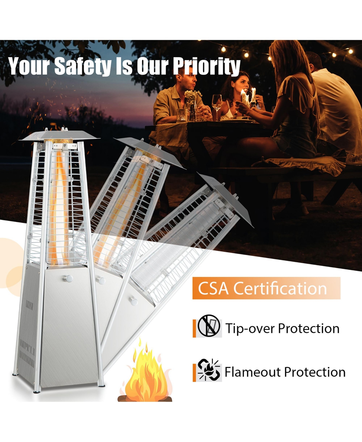 Costway 35'' Portable Tabletop Pyramid Patio Heater Stainless Steel Propane gas 9500 Btu
