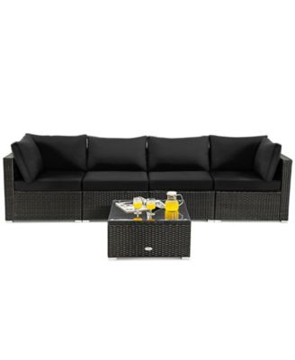 5 Pieces Cushioned Patio Rattan Furniture Set with Glass Table