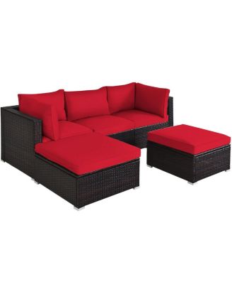 5 Pieces Patio Rattan Sofa Set with Cushion and Ottomans