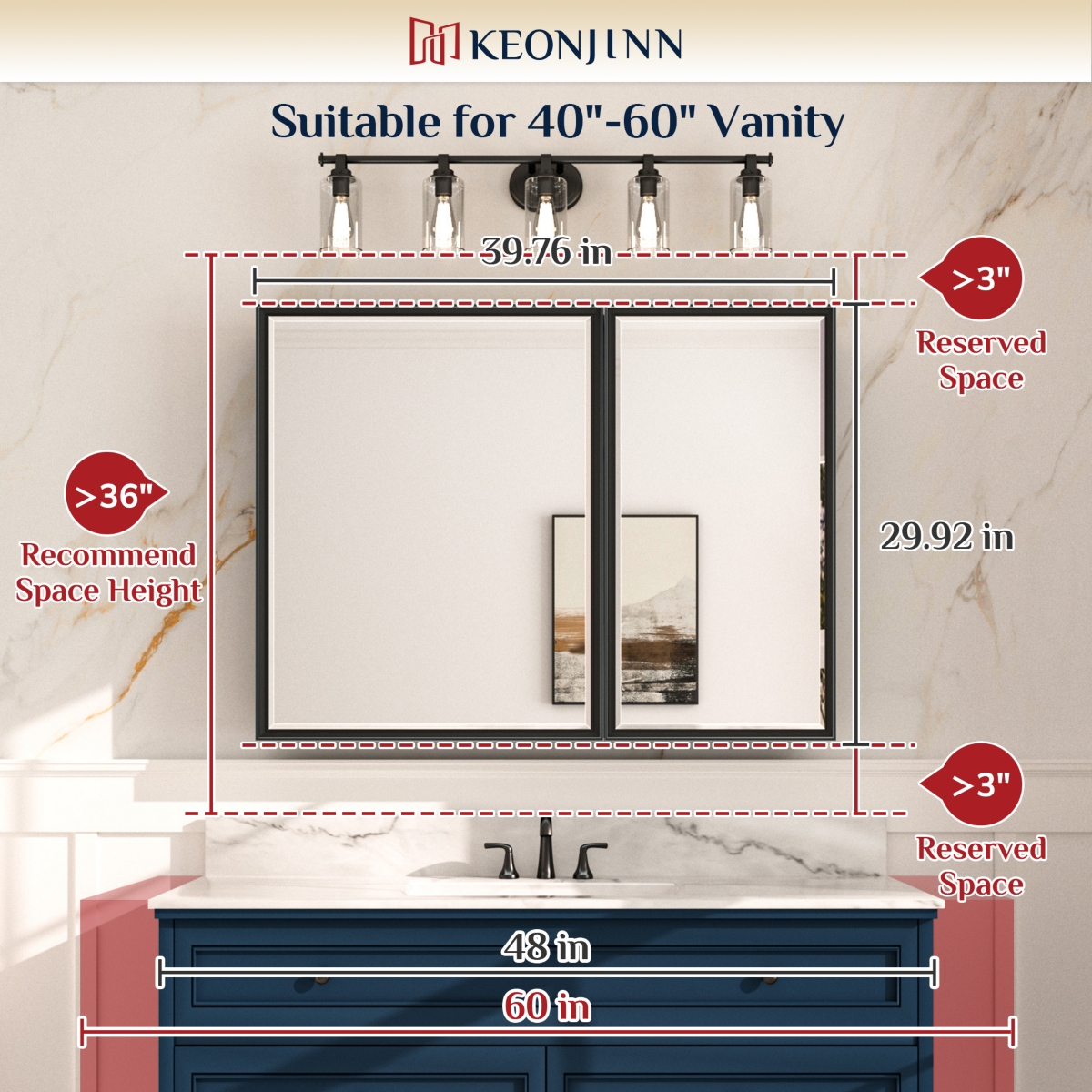 keonjinn 36'' W 32'' H Framed Medicine Cabinet with Mirror and 3 Adjustable Shelves