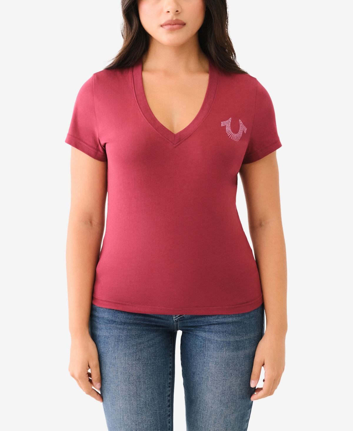 Shop True Religion Women's Crystal Horseshoe V Neck T-shirt In Cordovan