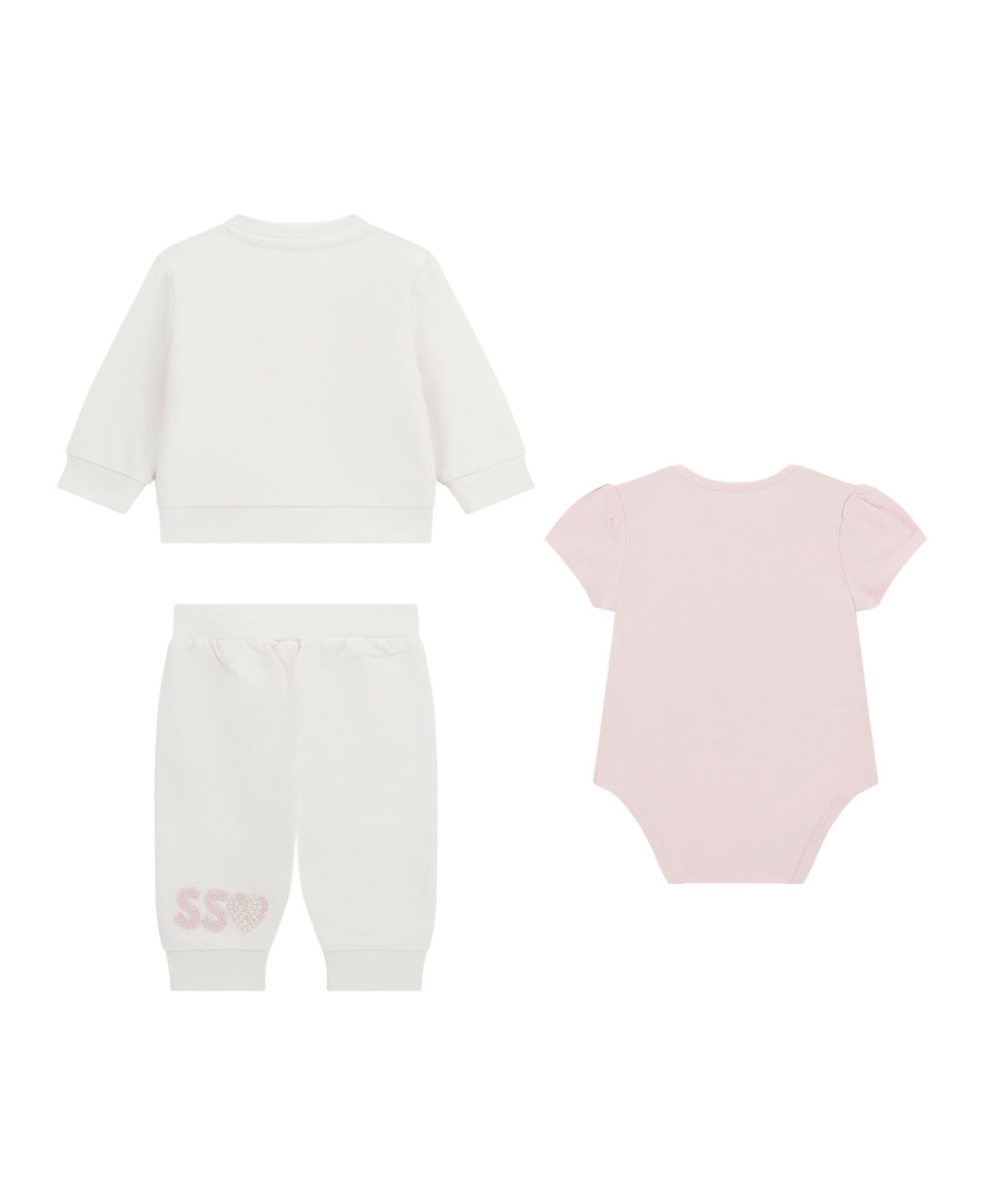 Guess Baby Girl Short Sleeve Bodysuit, Active Zip-up Sweatshirt, And Pant, 3-piece Set In Cream