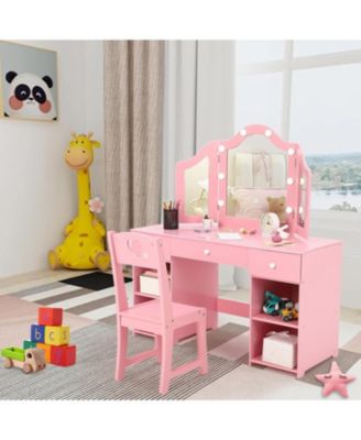 Kids Vanity Set, 2-in-1 Princess Makeup Table with Tri-Folding Mirror, Stool, Toddler Vanity, Pretend Play Vanity Set for Kids