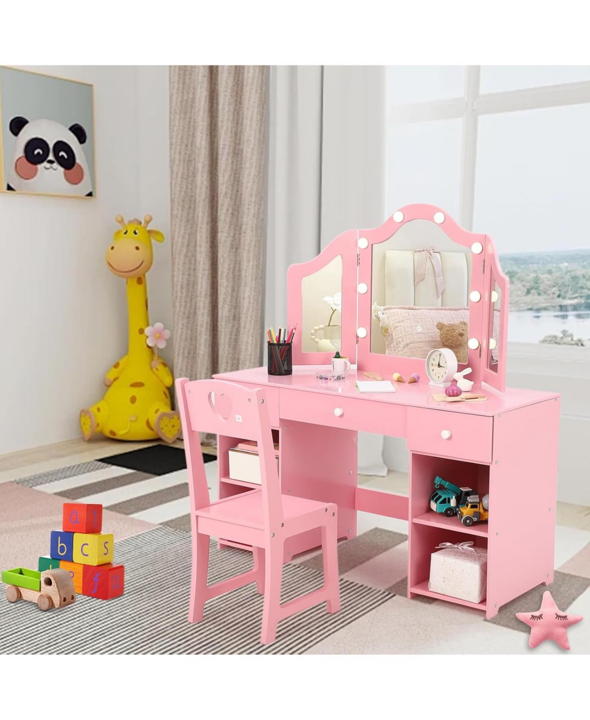 gaomon Kids Vanity Set, 2-in-1 Princess Makeup Table with Tri-Folding Mirror & Drawer, Stool, Toddler Vanity, Pretend Play Set for