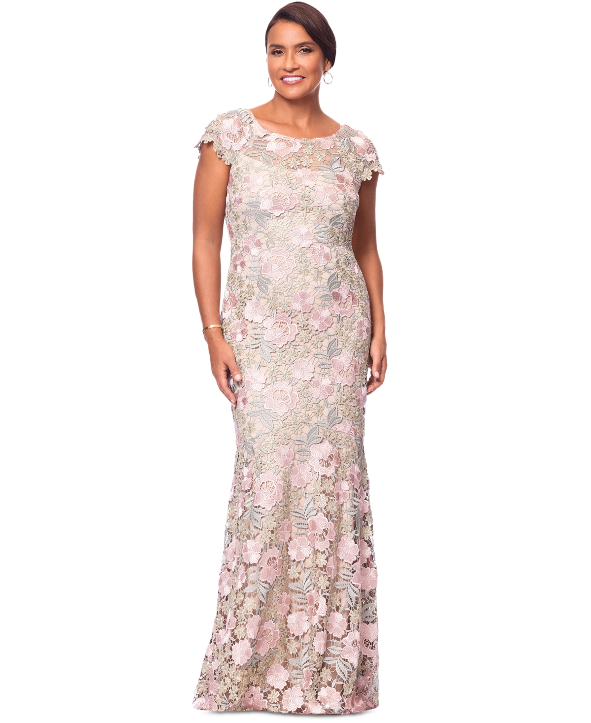 Xscape Women's Boat-neck Short-sleeve Lace Gown In Blush,grey,gold