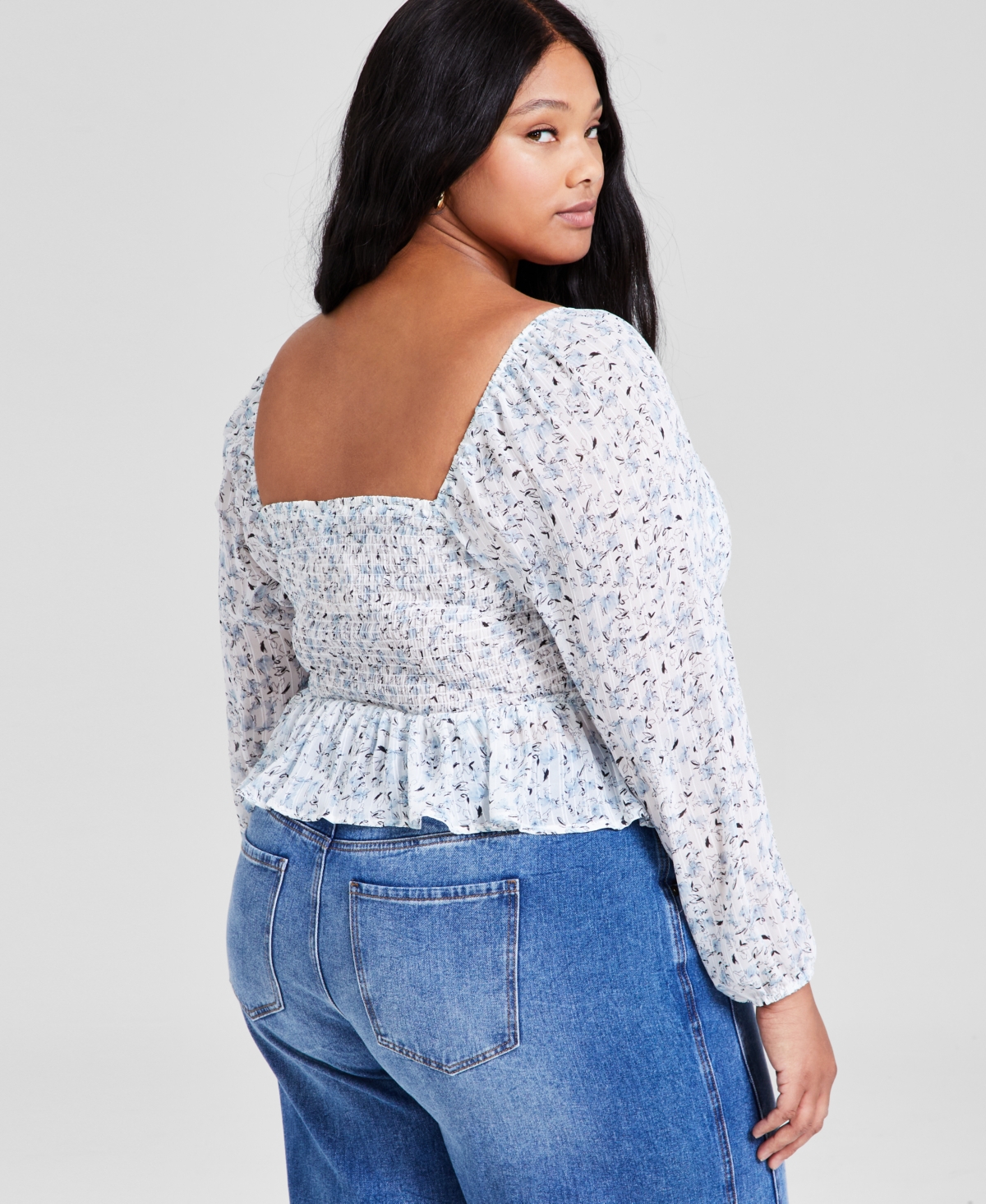 And Now This Trendy Plus Size Printed Ruffled Blouson-sleeve Top, Exclusively At Macy's In Blue Print
