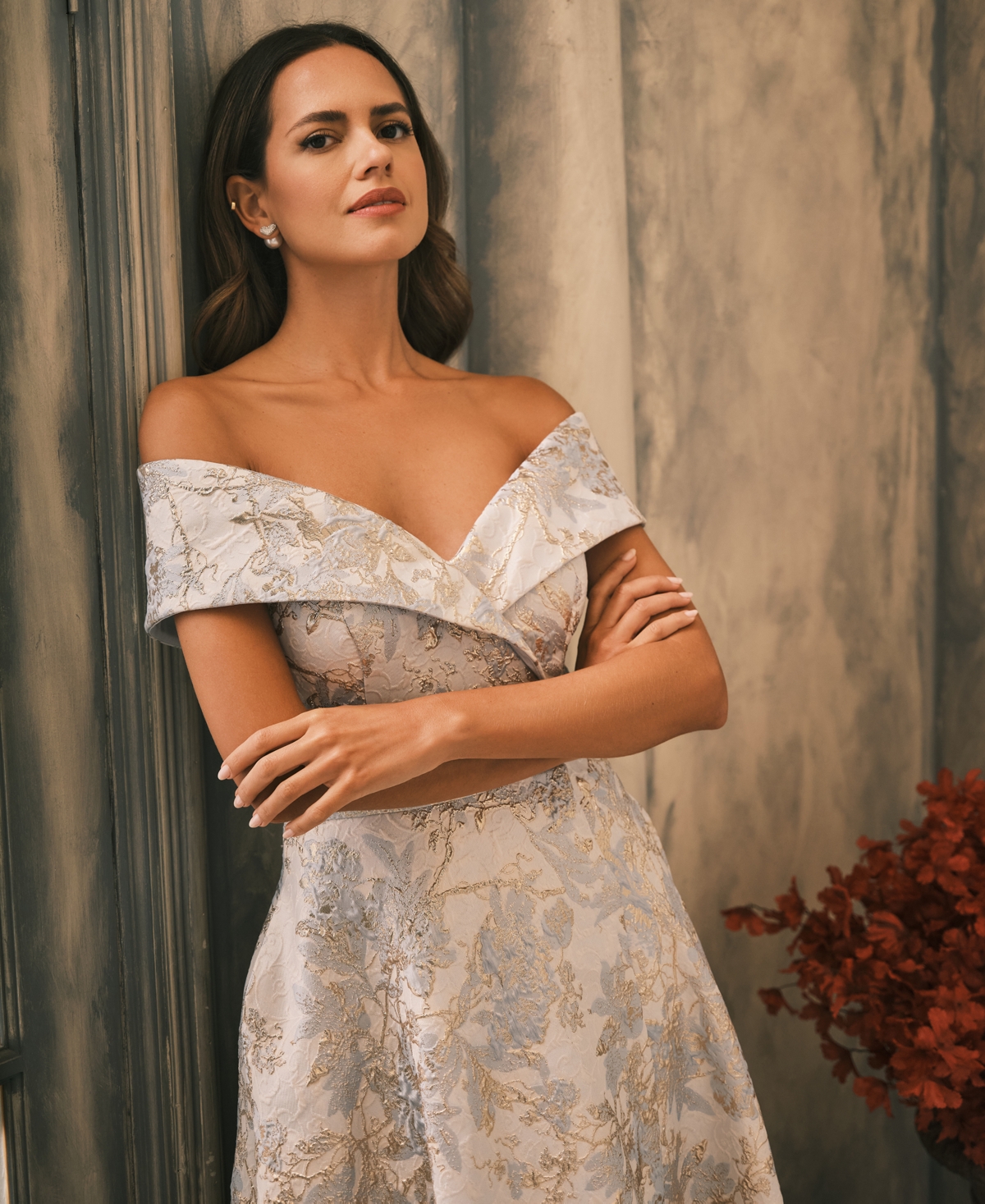 xscape metallic dress Angelina" Glitter Metallic Asymmetrical Neckline Dress