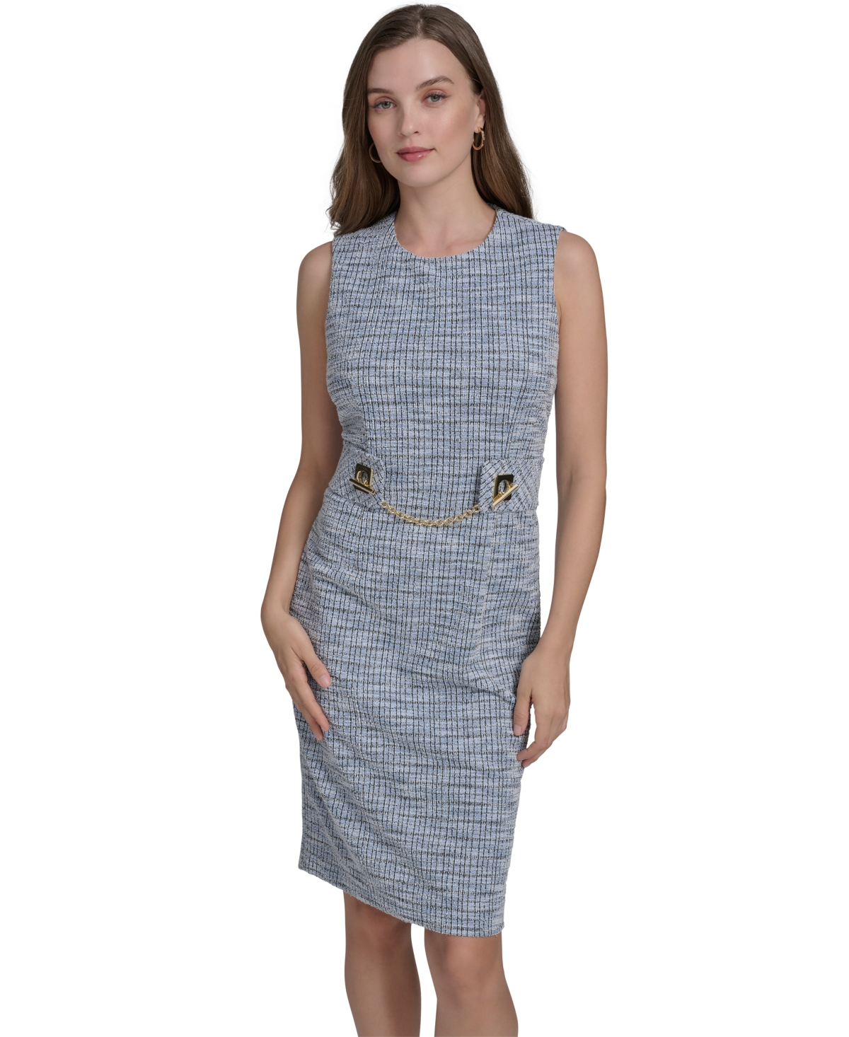 HALSTON WOMEN'S ROUND-NECK SLEEVELESS STRETCH TWEED SHEATH DRESS 