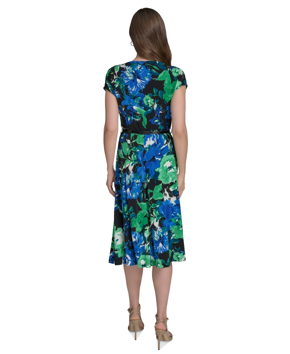 HALSTON WOMEN'S PRINTED DRAPE-NECK BELTED DRESS 
