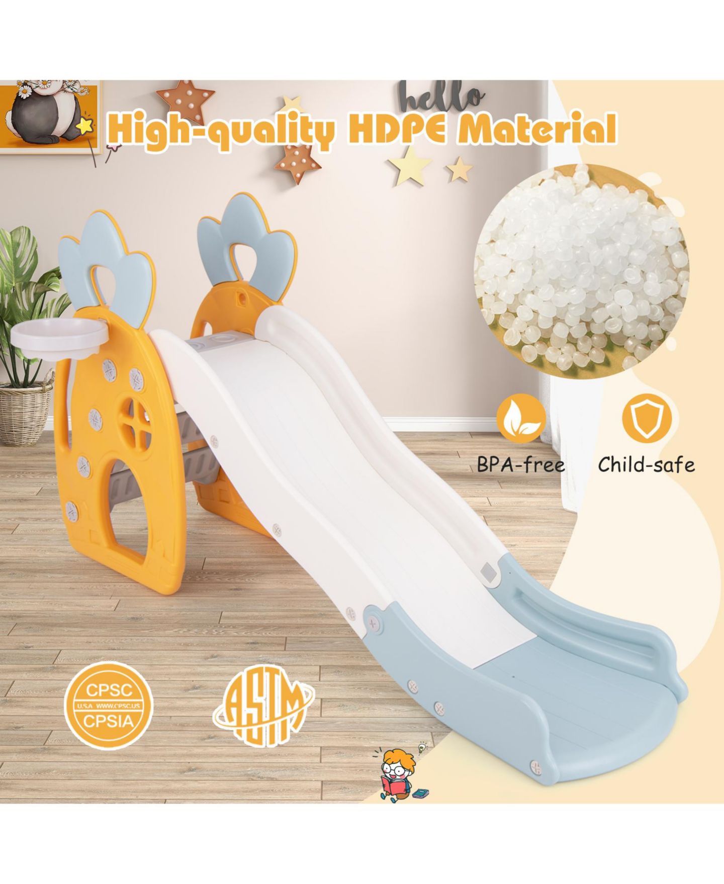 Детская игрушка GOUUN Foldable Slide with Basketball Hoop, 68"L x 27"W x 36"H, Pineapple Design, Ages 3+ — фото 6