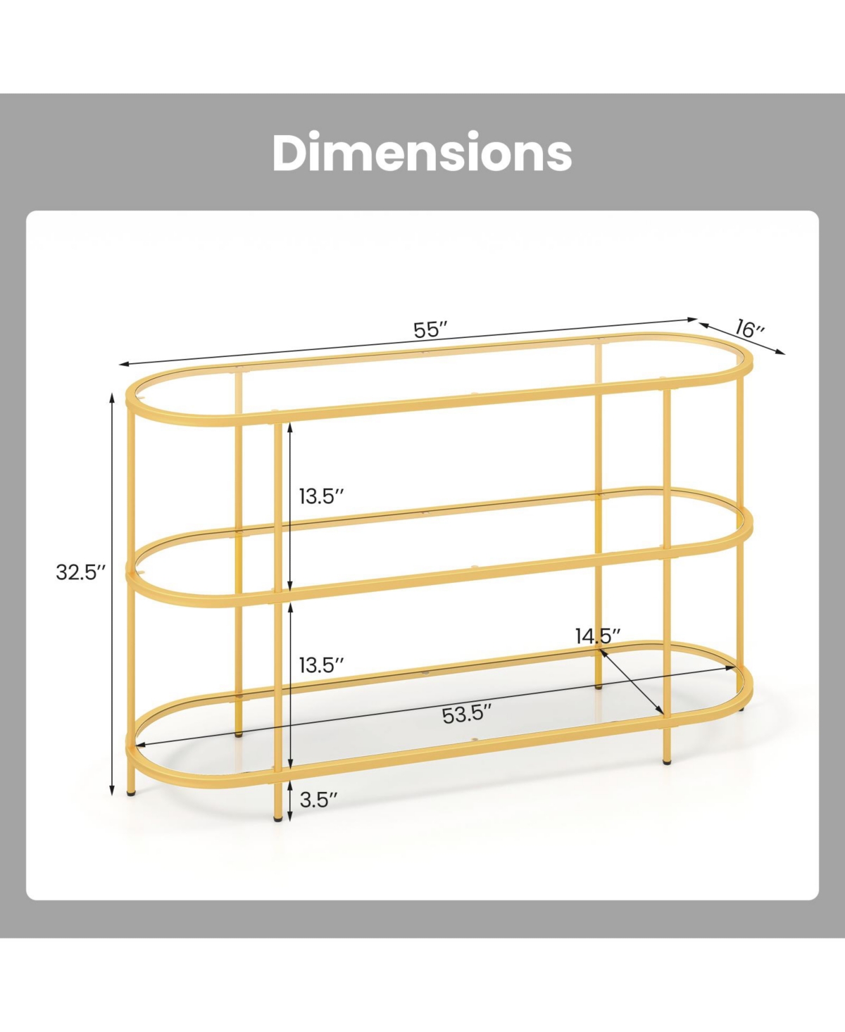 Gouun 3 Tier Tv Stand Console Table with Tempered Glass Shelves for Living Room