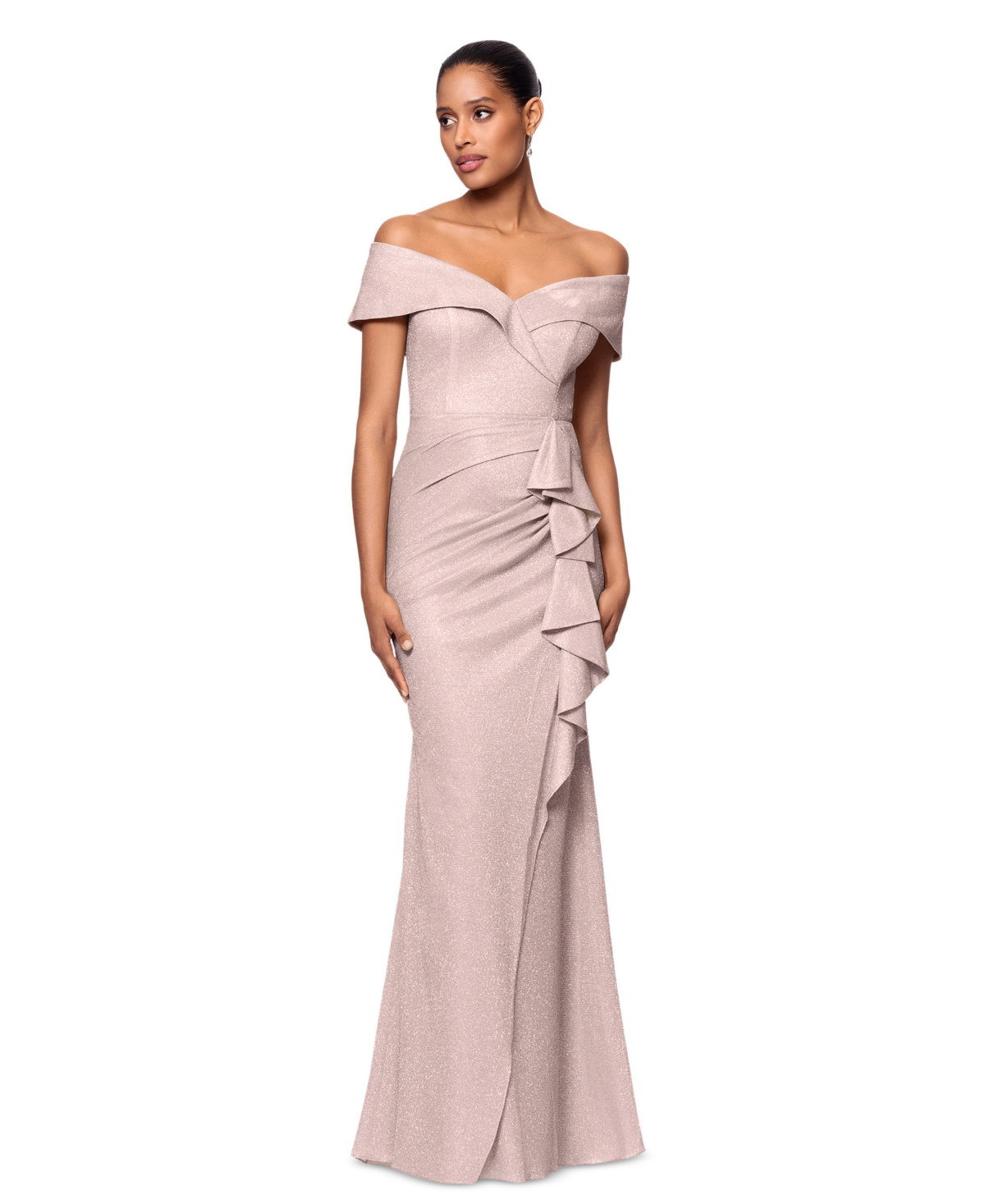 XSCAPE PETITE SWEETHEART-NECK OFF-THE-SHOULDER GOWN 