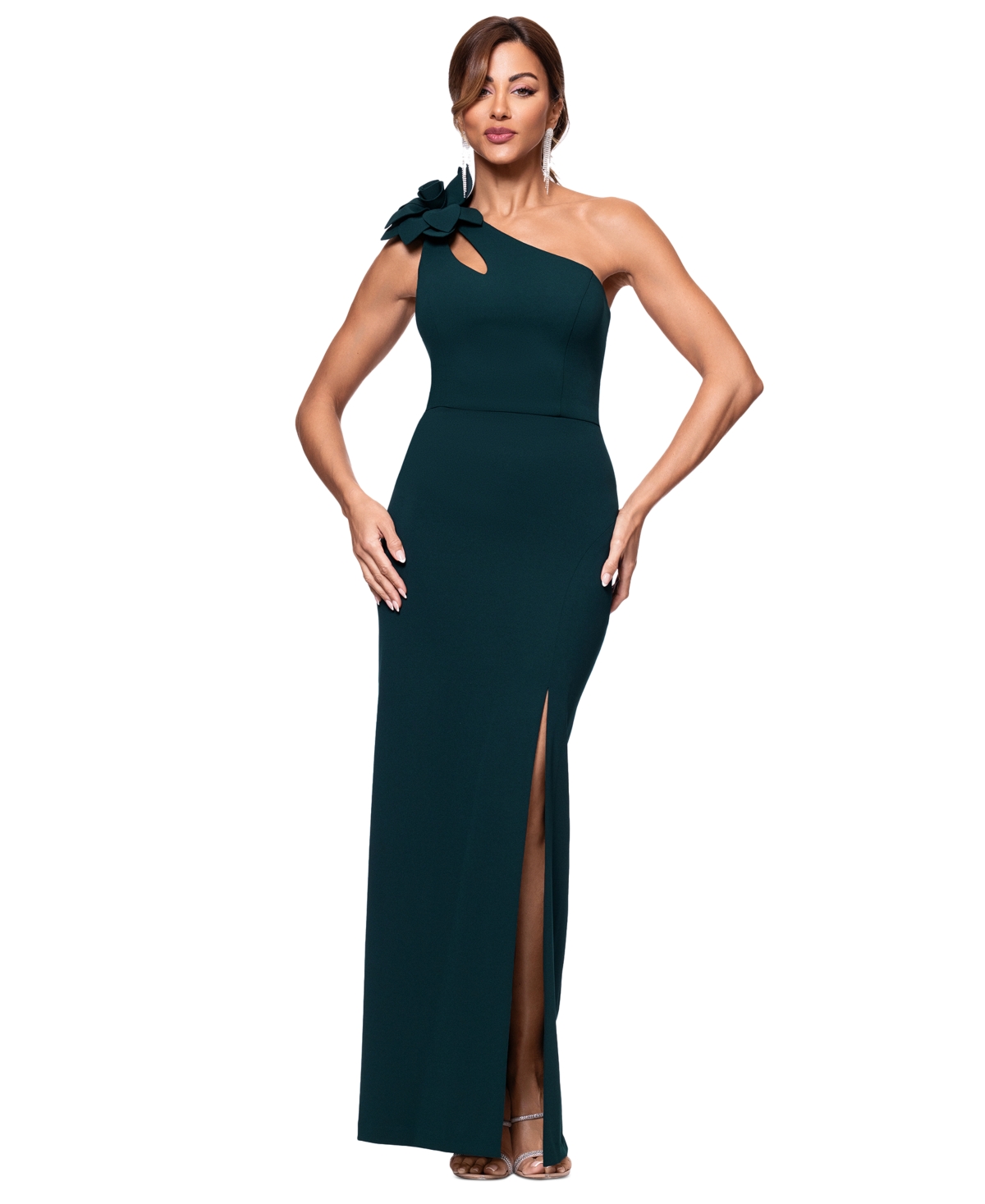 Women's One-Shoulder Flower Side-Slit Dress - Pine