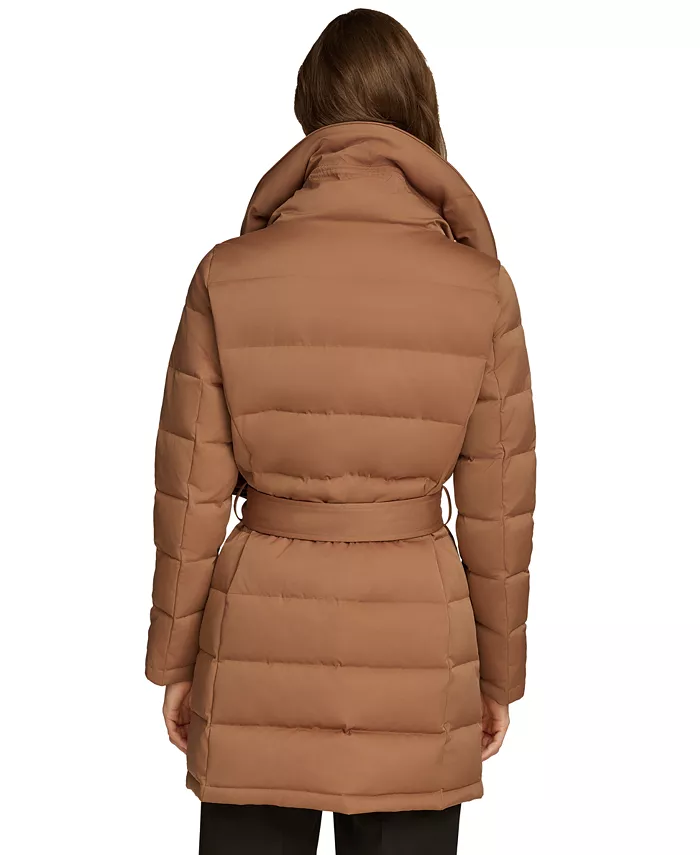 Women's Belted Asymmetric Puffer Coat - thumbnail 2