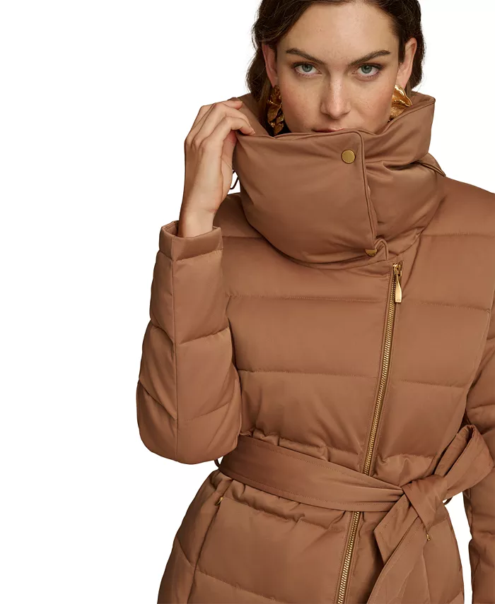 Women's Belted Asymmetric Puffer Coat - thumbnail 6