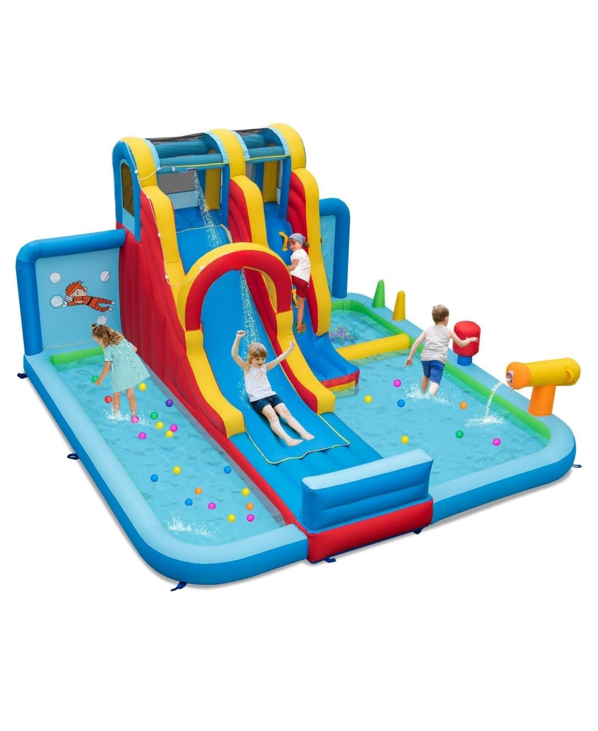 Inflatable Water Slide Water Park with Long Slide and Splash Pools and Ball Pit with 680W Blower - Blue